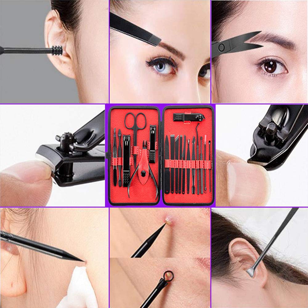 Nail Clippers Sets Manicure Set YOYOCO18 in 1 Grooming Kit Stainless Steel Professional Pedicure Set,Nail Scissors,Ear Pick,Nail Cutter,Nose Hair Scissors,Tweezers,Eyebrow Razor(Black/Red)